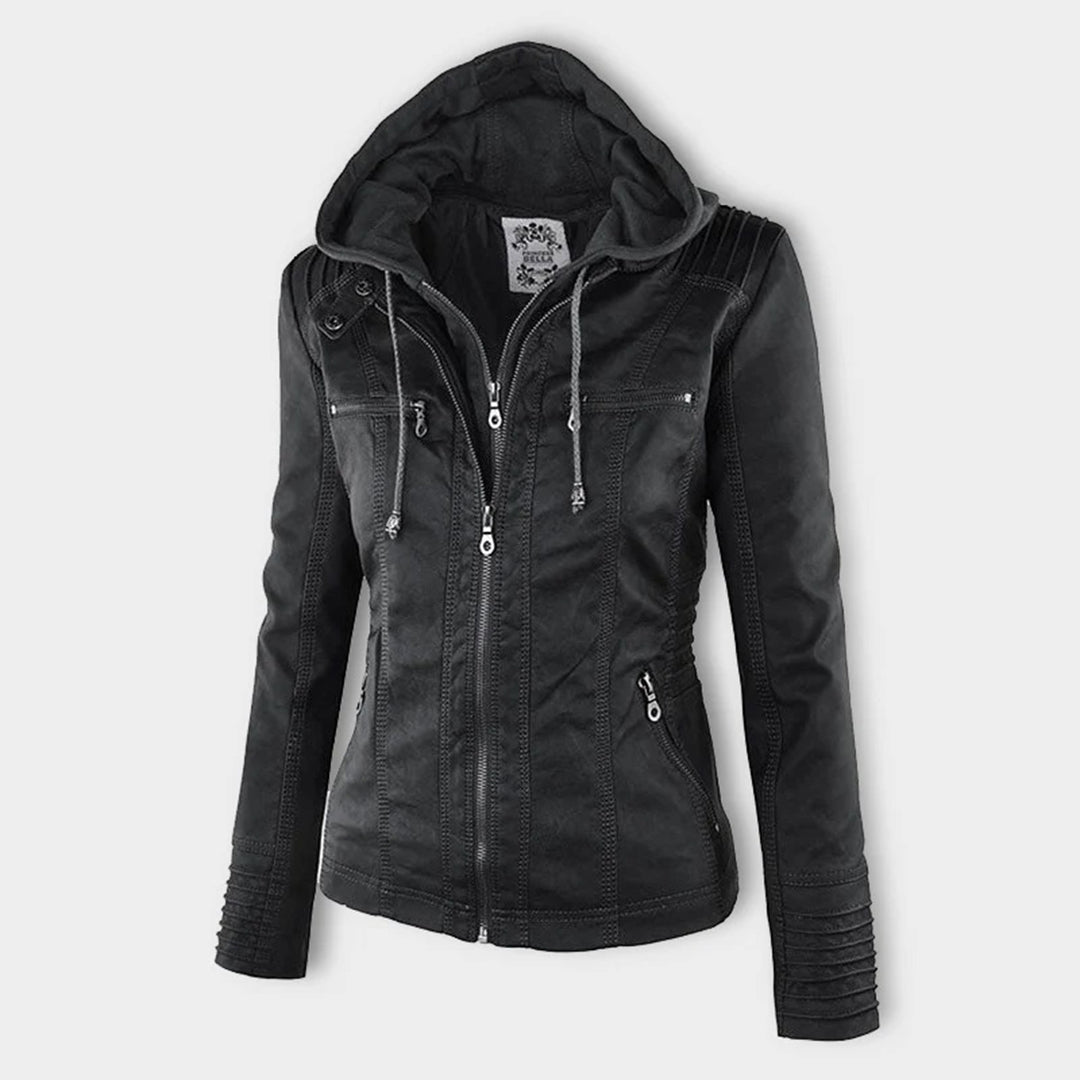 Weatherproof women's leather jacket with hood 4