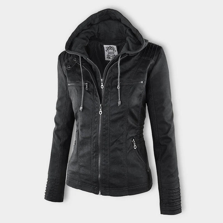 Weatherproof women's leather jacket with hood 4