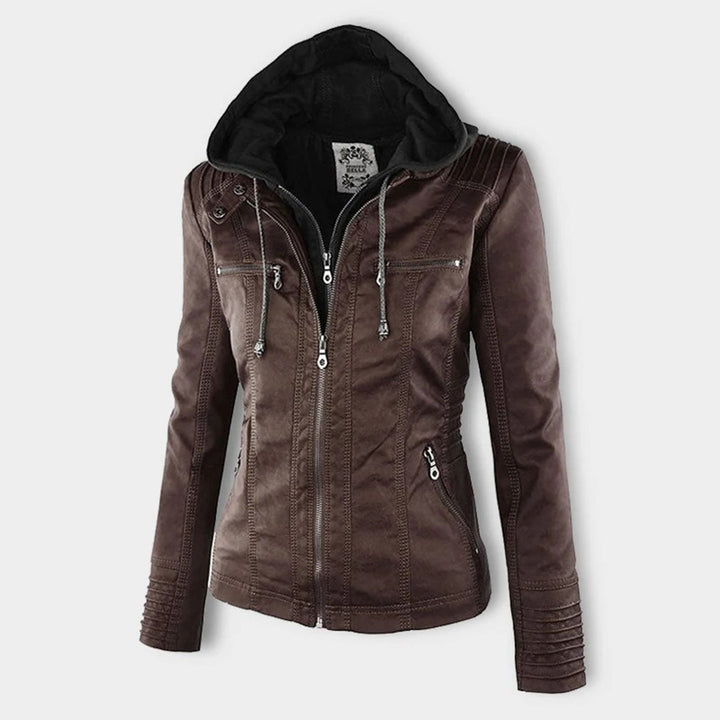 Weatherproof women's leather jacket with hood 7