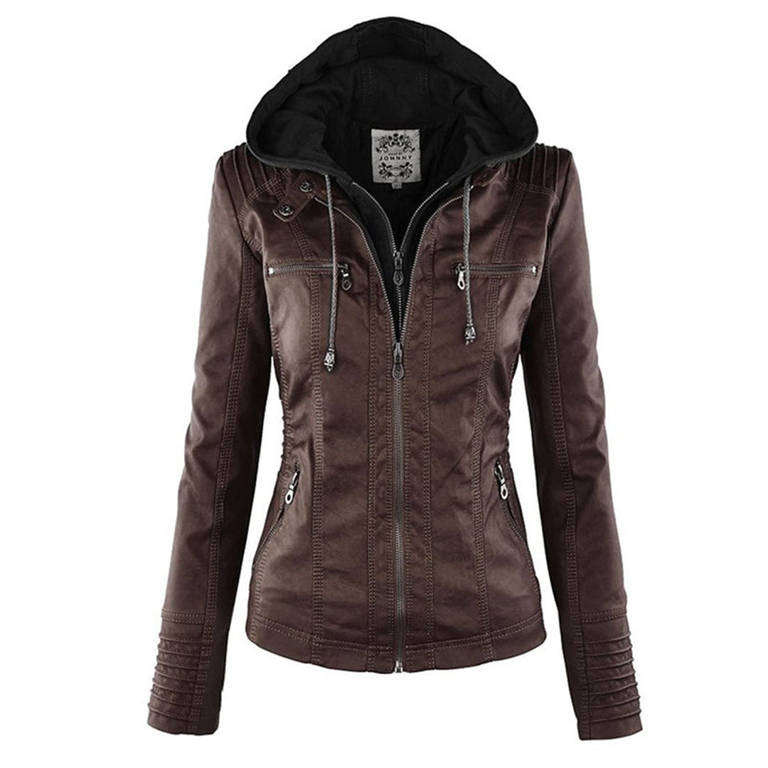 Weatherproof women's leather jacket with hood 9