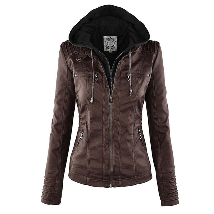 Weatherproof women's leather jacket with hood 9