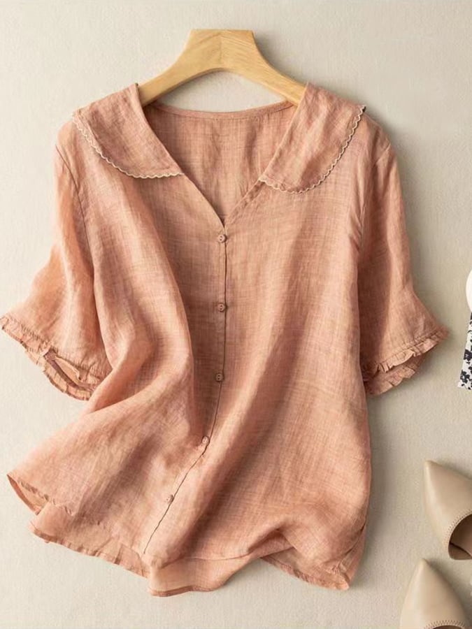 Women's cotton and linen retro short sleeved navy doll collar thin shirt 0