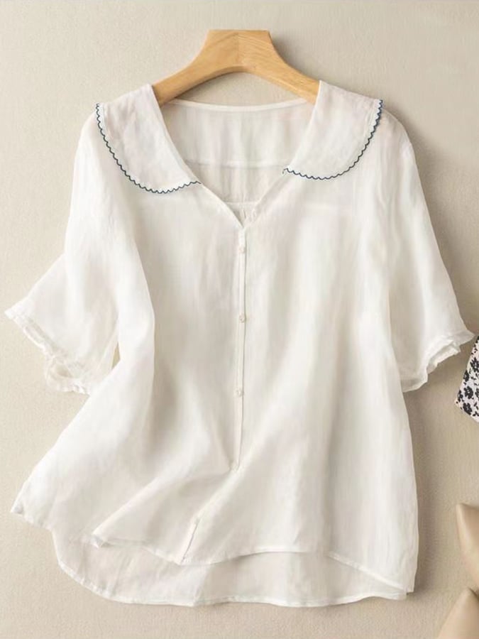 Women's cotton and linen retro short sleeved navy doll collar thin shirt 1