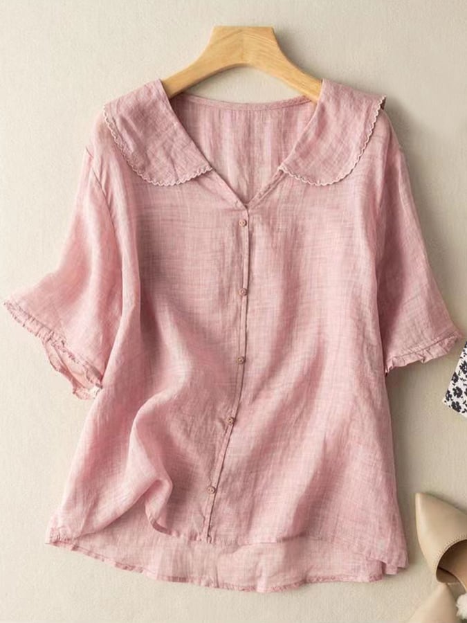 Women's cotton and linen retro short sleeved navy doll collar thin shirt 2