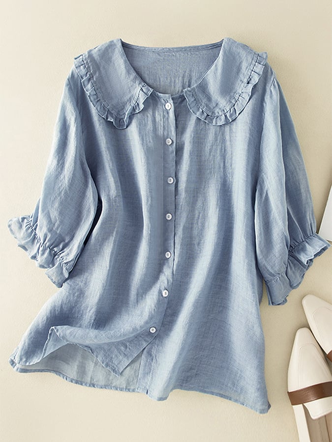 Women's cotton linen loose peter pan ruffles neck shirt 0