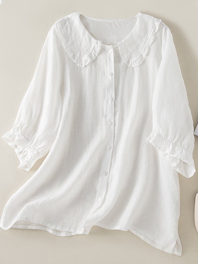 Women's cotton linen loose peter pan ruffles neck shirt 1