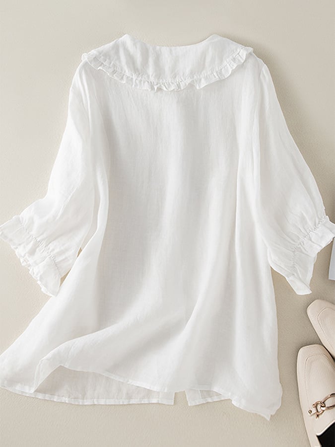 Women's cotton linen loose peter pan ruffles neck shirt 2