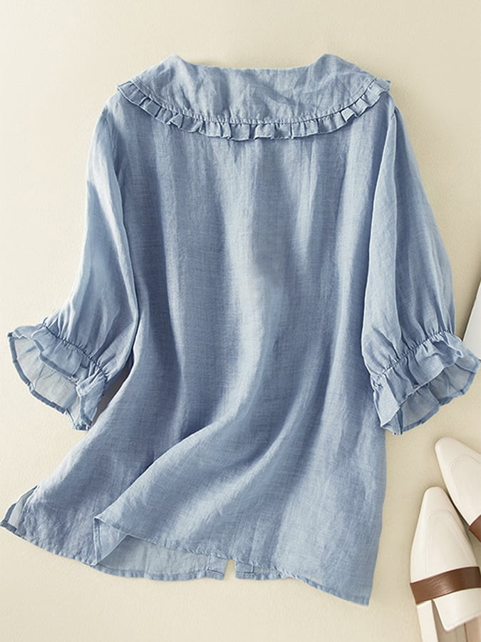 Women's cotton linen loose peter pan ruffles neck shirt 3