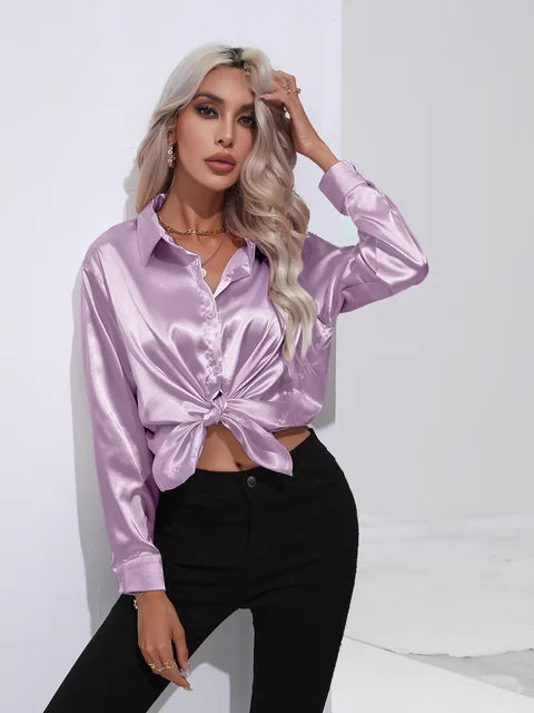 Women's elegant loose satin long sleeve blouse 10