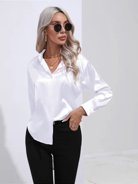 Women's elegant loose satin long sleeve blouse 13