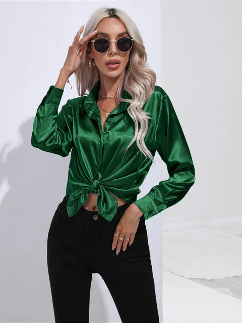 Women's elegant loose satin long sleeve blouse 14