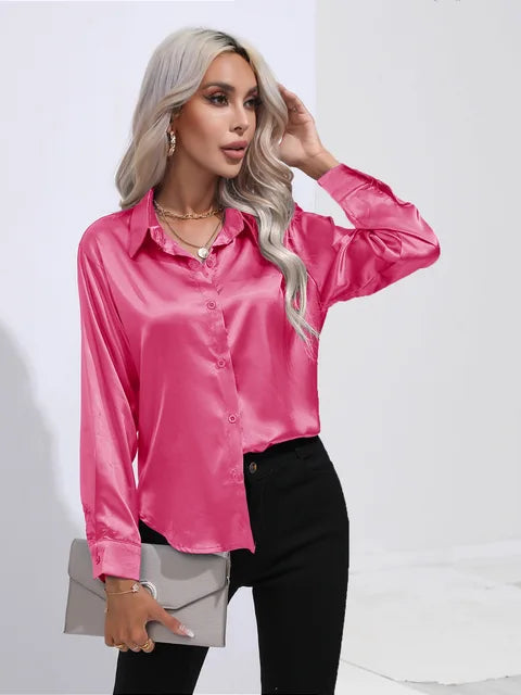 Women's elegant loose satin long sleeve blouse 15
