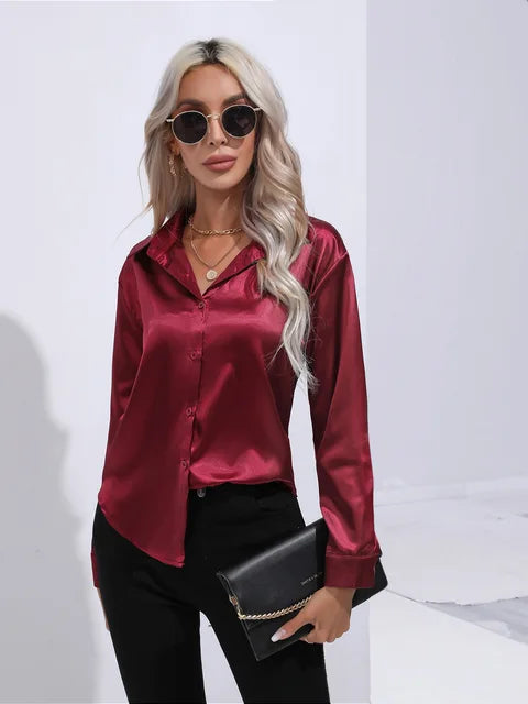 Women's elegant loose satin long sleeve blouse 9