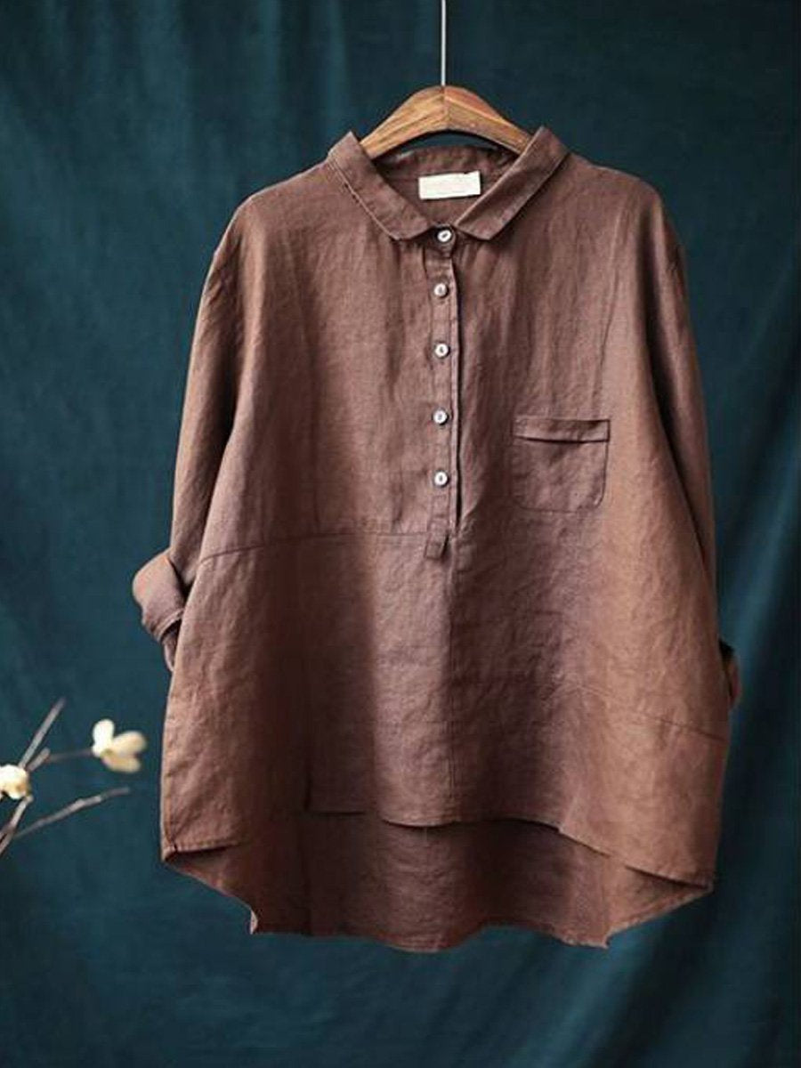Women's lapel neck cotton casual solid colour  long sleeve shirt 0