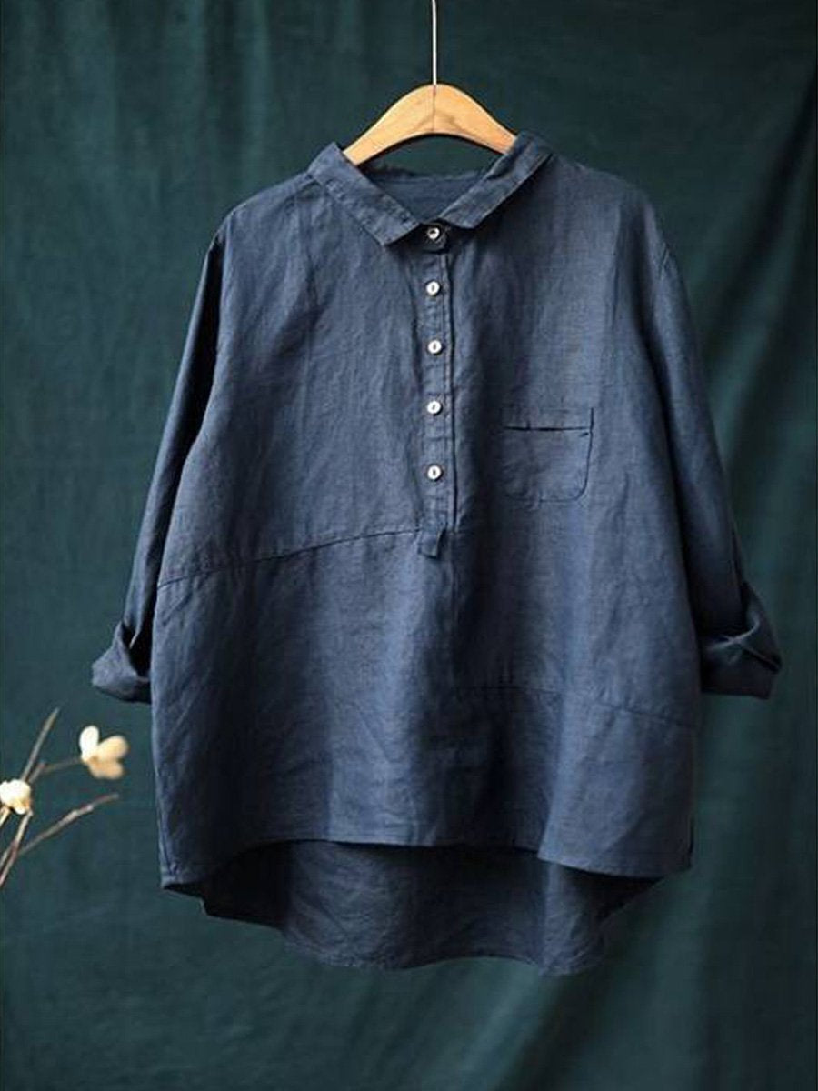 Women's lapel neck cotton casual solid colour  long sleeve shirt 1