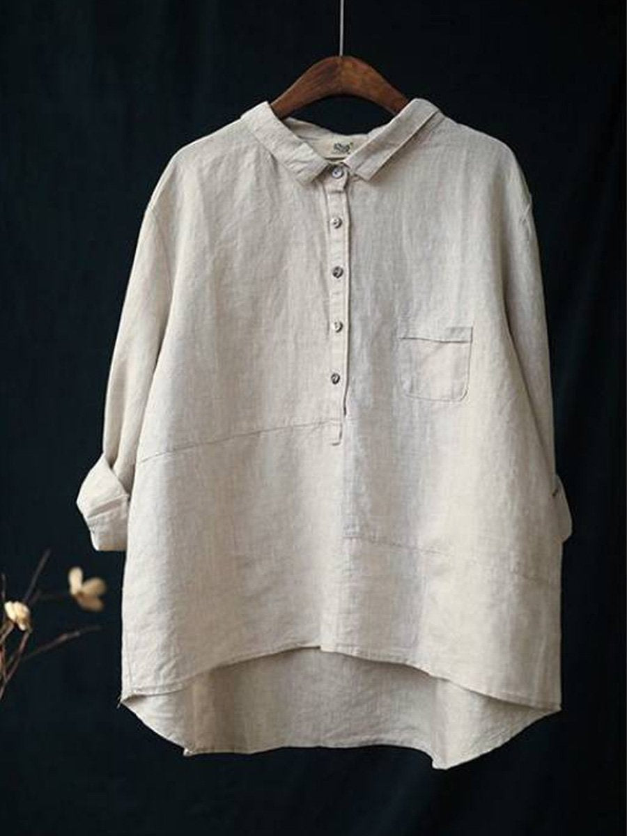 Women's lapel neck cotton casual solid colour  long sleeve shirt 2