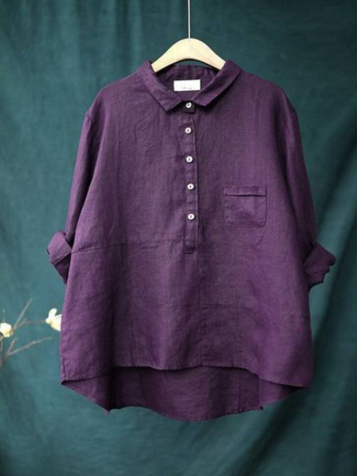Women's lapel neck cotton casual solid colour  long sleeve shirt 3