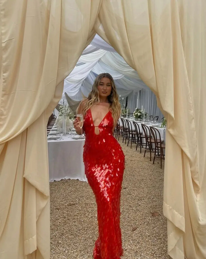 Women's Sequin Backless Wedding Maxi Dress