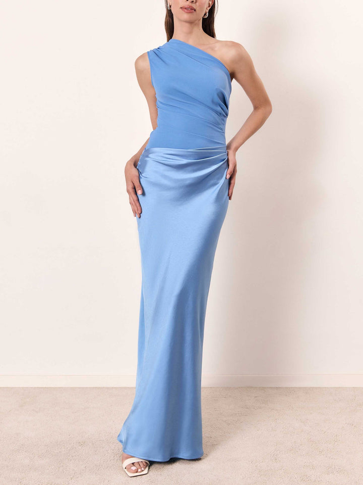 Women's One-Shoulder Pleated Party Maxi Dress