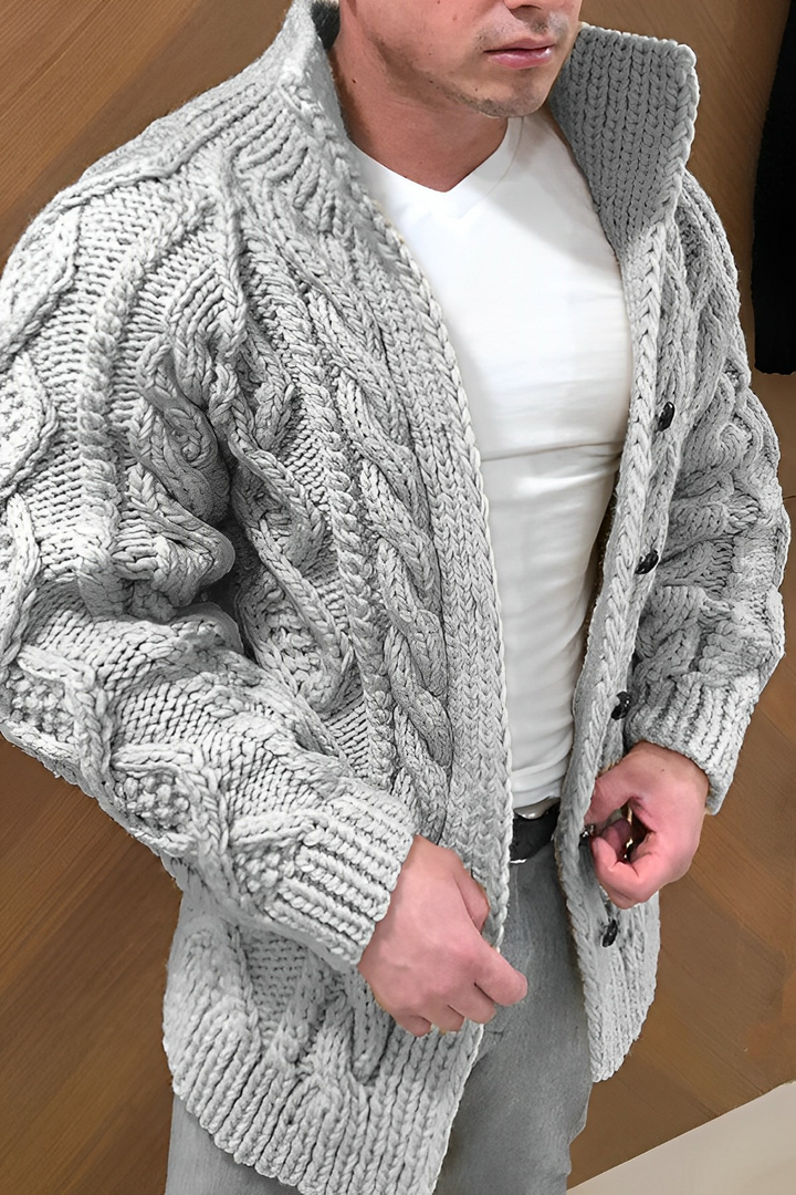 Cable Knit Cardigan with Open Front and Batwing Sleeves for Men