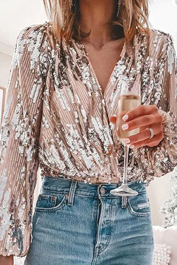 Women's Sequin Blouse | V-Neck Balloon Sleeves-5