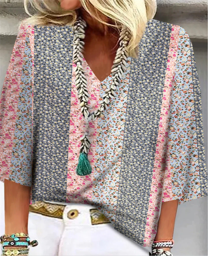 Women's Floral Patchwork V-Neck Top