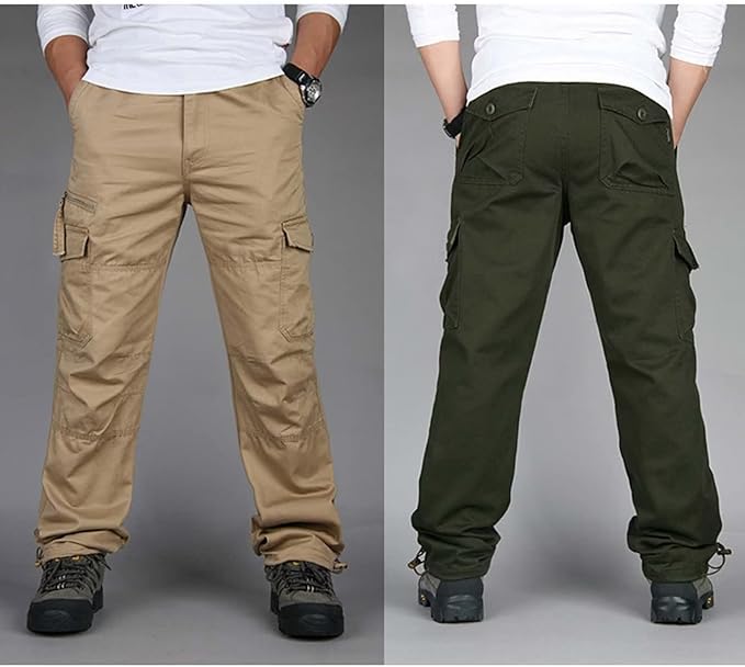 Straight Cut Cargo Trousers with Multi Pocket Design for Men