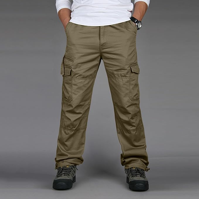 Straight Cut Cargo Trousers with Multi Pocket Design for Men
