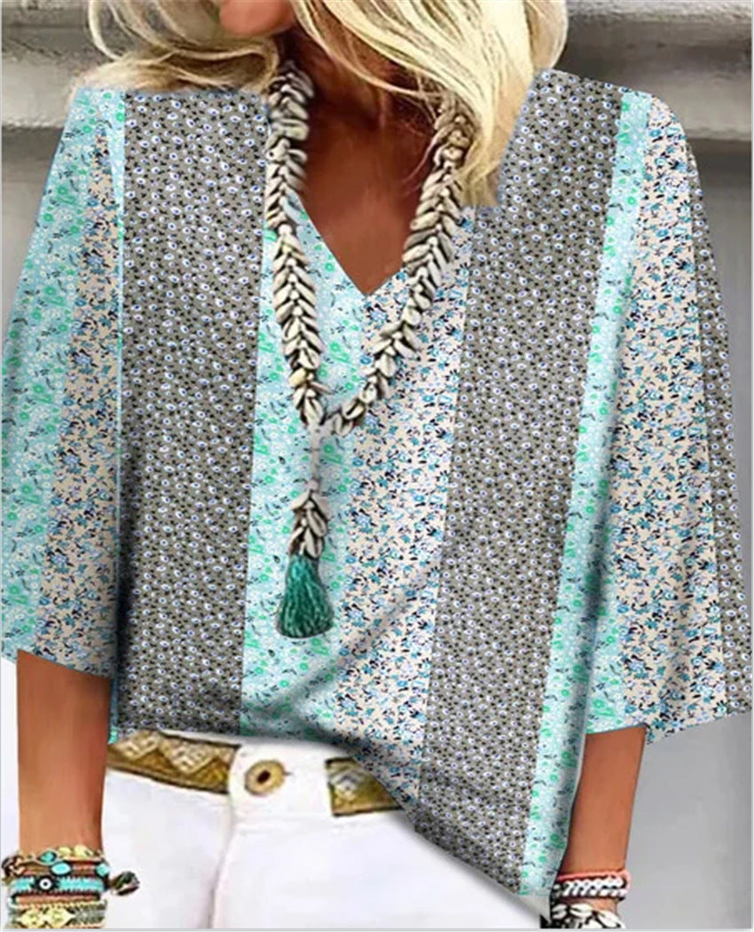 Women's Floral Patchwork V-Neck Top