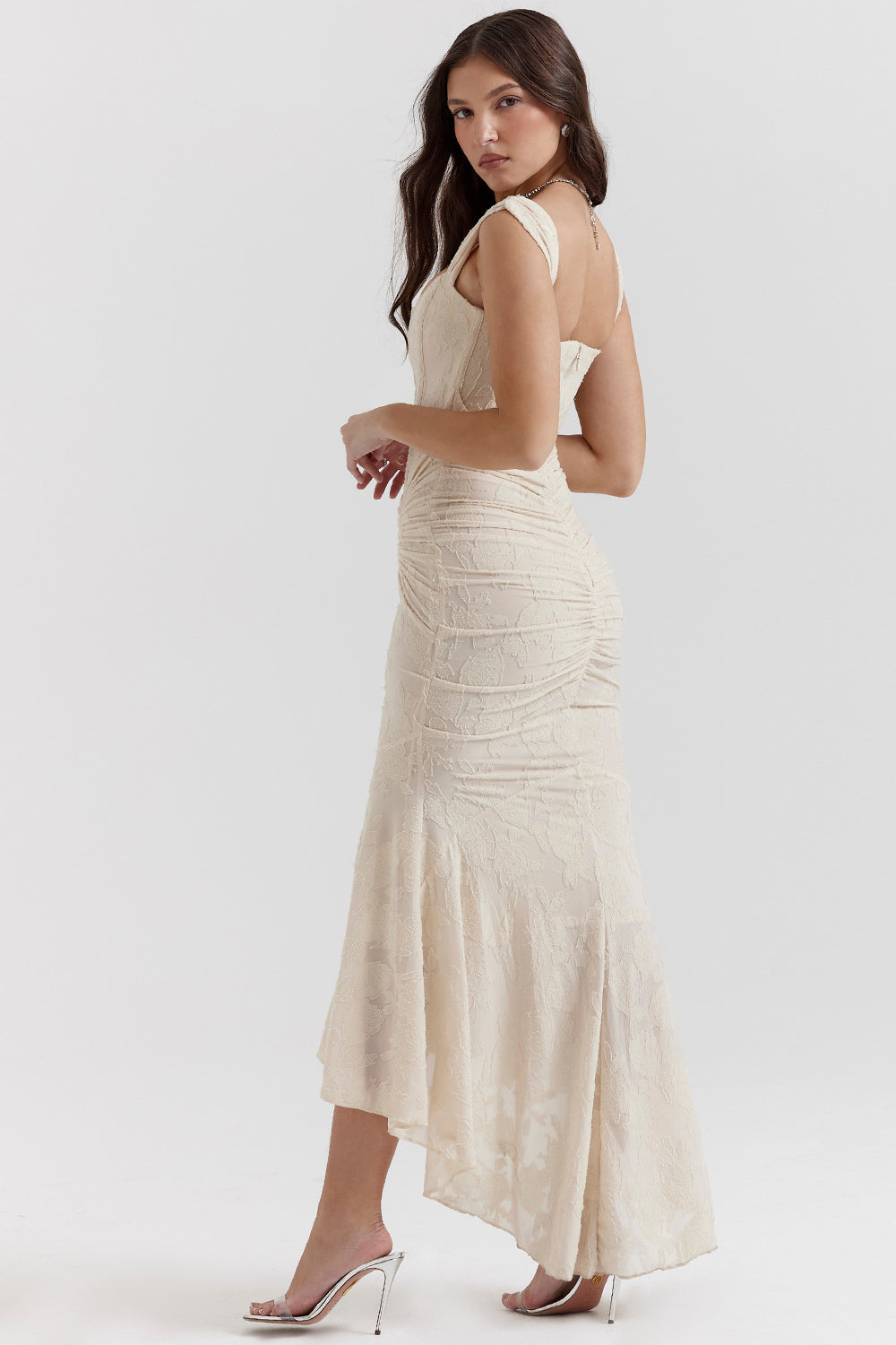 Women's Ruched Lace Wedding Maxi Dress