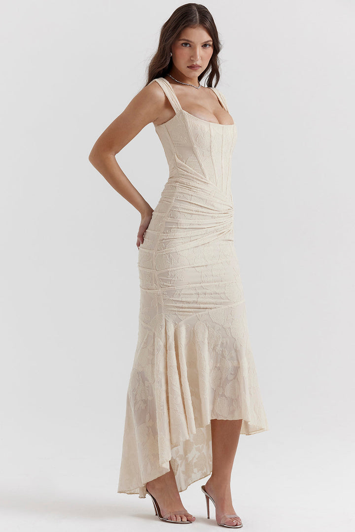 Women's Ruched Lace Wedding Maxi Dress