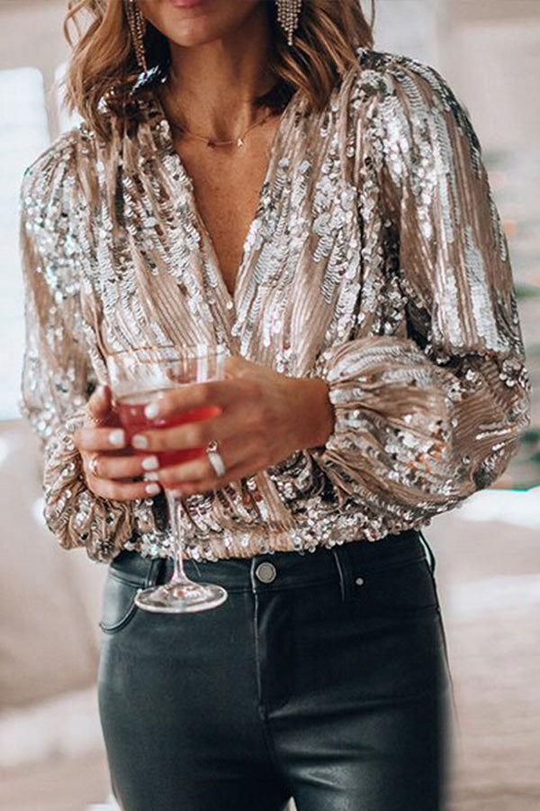 Women's Sequin Blouse | V-Neck Balloon Sleeves-2
