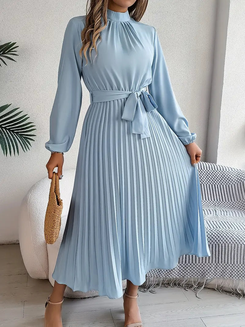 Pleated Midi Dress with Belt for Women