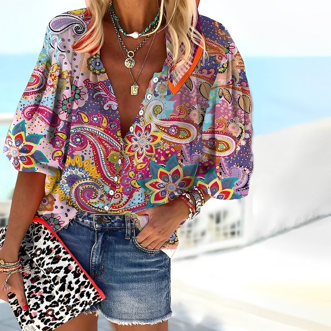 Women's Boho Paisley Button-Up Blouse