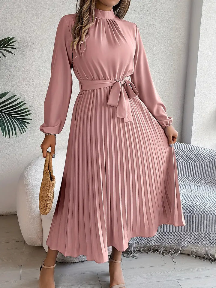 Pleated Midi Dress with Belt for Women