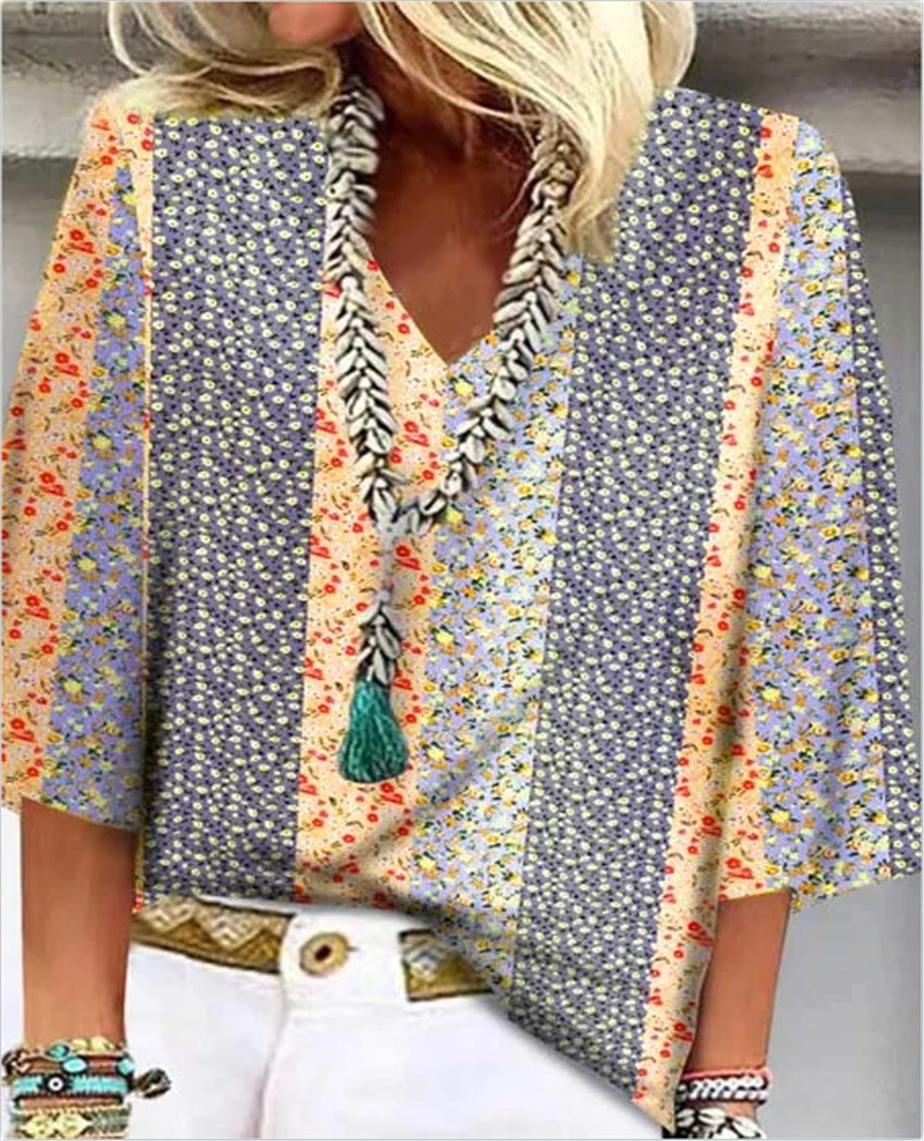 Women's Floral Patchwork V-Neck Top