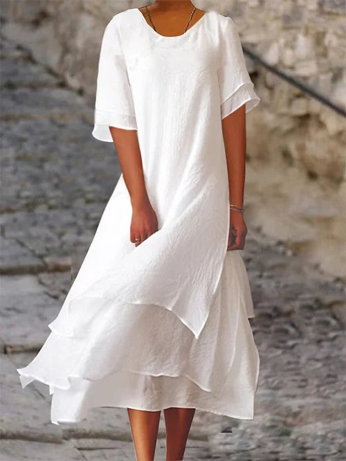 Women's Layered Cotton Linen Midi Dress