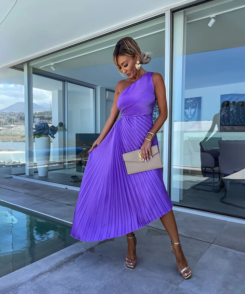 Women's Single-Shoulder Wedding Guest Midi Dress