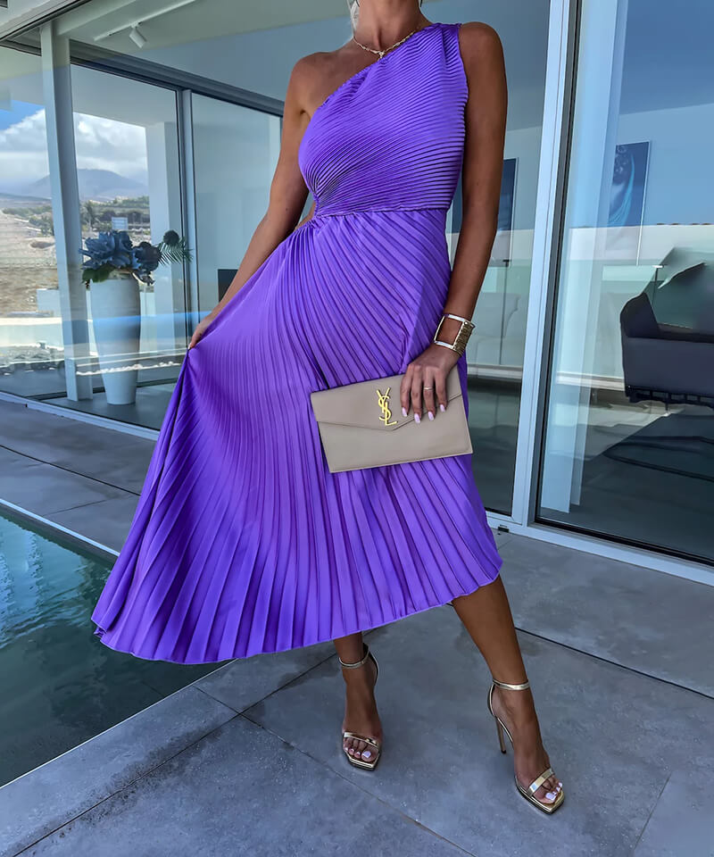 Women's Single-Shoulder Wedding Guest Midi Dress