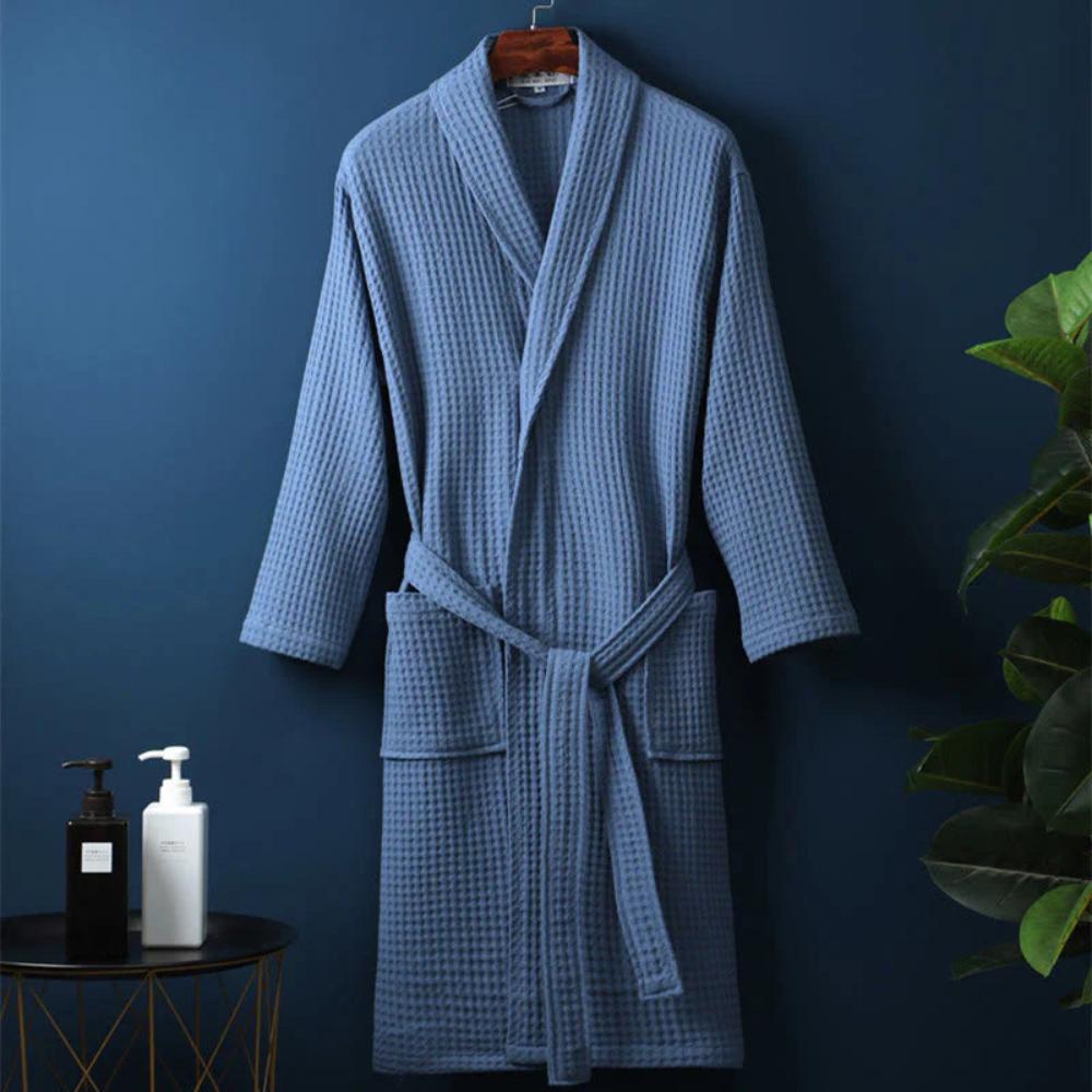 Waffle Textured Kimono Bath Robe With V Neck And Belt