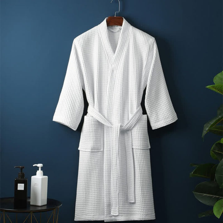 Waffle Textured Kimono Bath Robe With V Neck And Belt