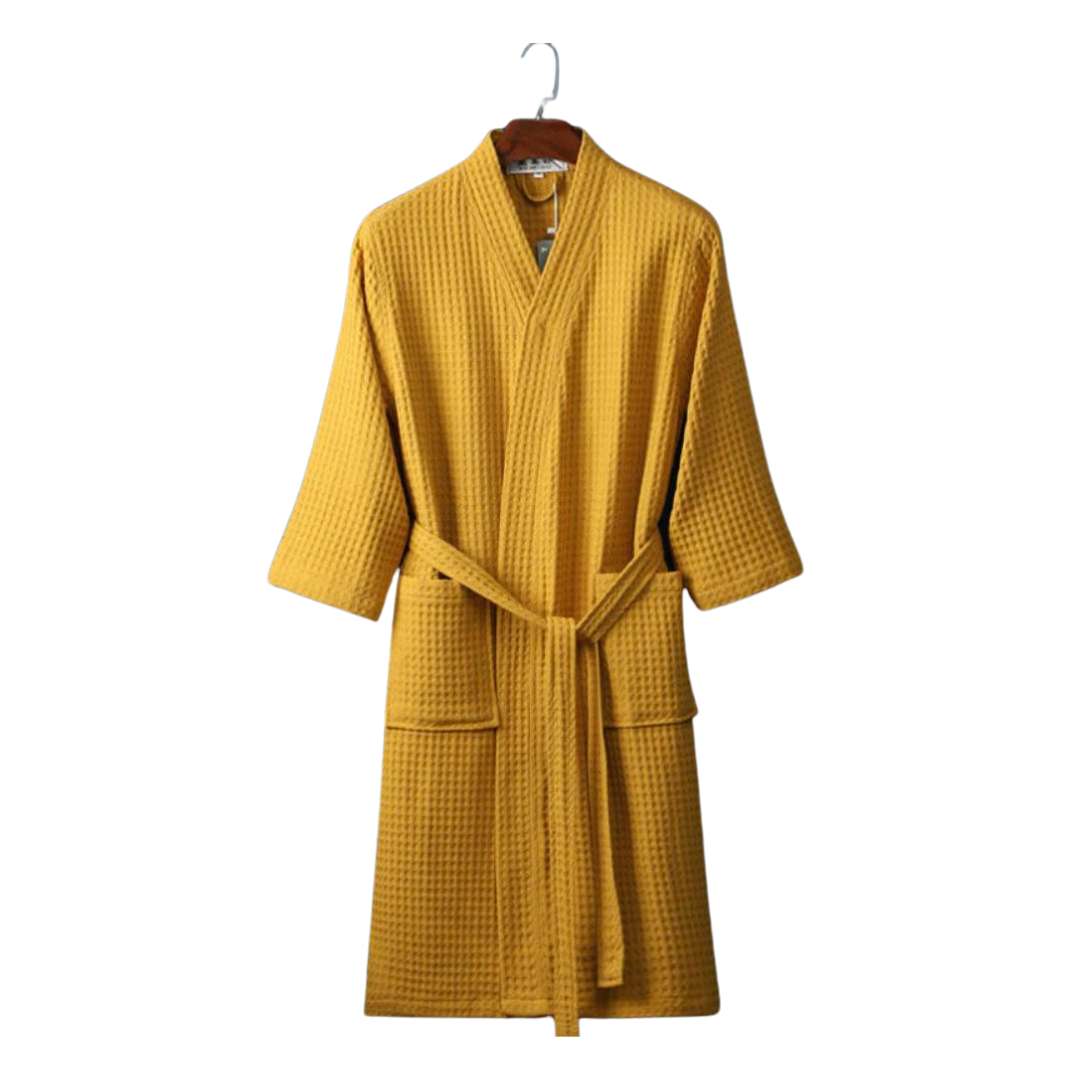 Waffle Textured Kimono Bath Robe With V Neck And Belt
