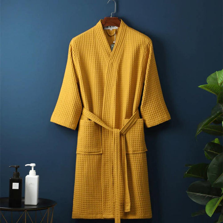 Waffle Textured Kimono Bath Robe With V Neck And Belt