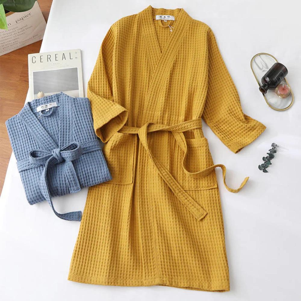 Waffle Textured Kimono Bath Robe With V Neck And Belt
