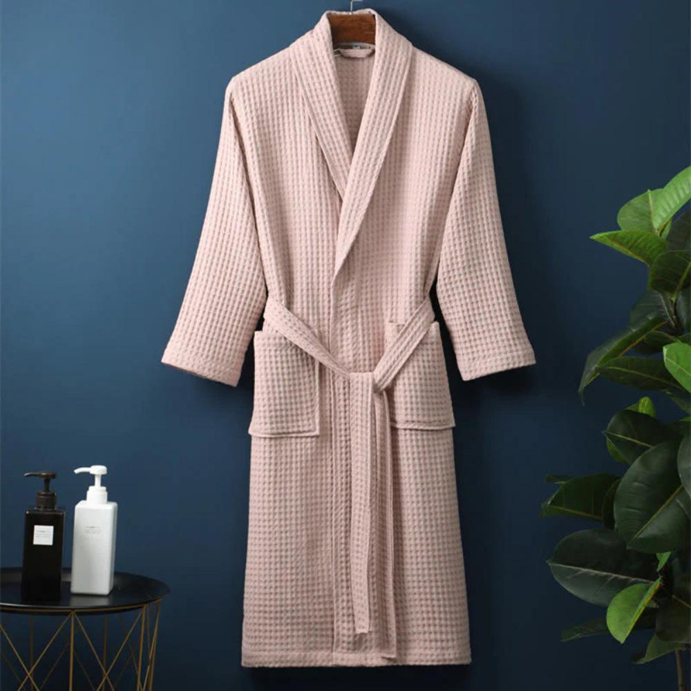 Waffle Textured Kimono Bath Robe With V Neck And Belt