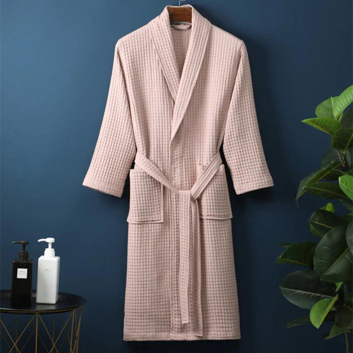 Waffle Textured Kimono Bath Robe With V Neck And Belt