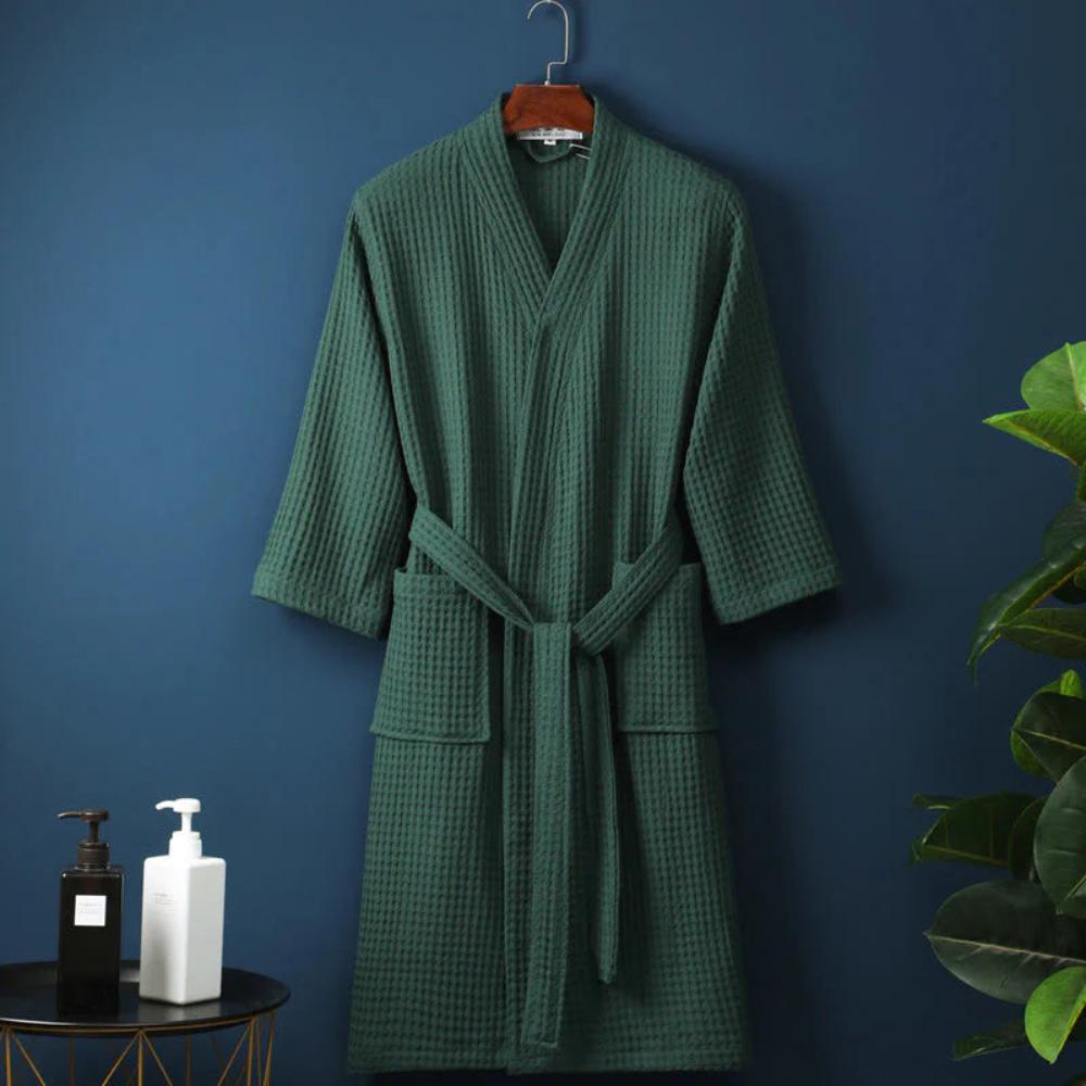 Waffle Textured Kimono Bath Robe With V Neck And Belt