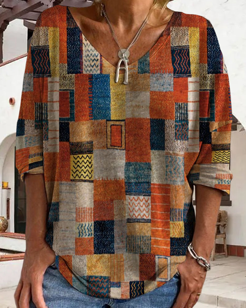 Women's Patchwork V-Neck Blouse