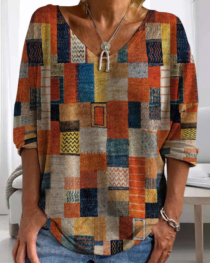 Women's Patchwork V-Neck Blouse