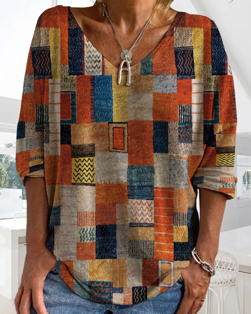Women's Patchwork V-Neck Blouse
